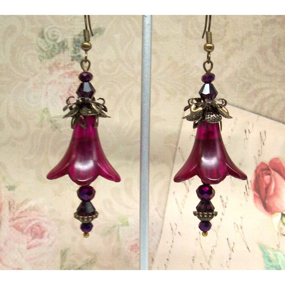 Art Nouveau Earrings Vintage Style, Antique Bronze, Hand Painted Flower Jewelry